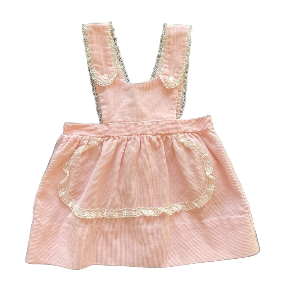 Medium 9 - 12  Months 60s Pink Corduroy and Lace Baby Girl Dress Pinafore
